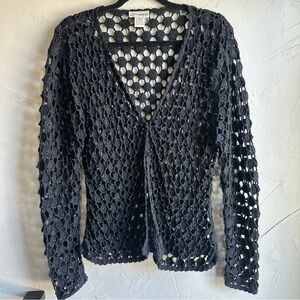 Gantos‎ Black Open Crochet Cardigan Beaded Alt Goth Grunge Layering Top Sz L